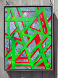 A Walk in The Garden by James Knights - geometric abstract painting in red and green 