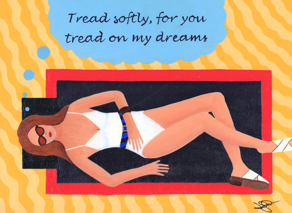 A woman sunbathes in a white swimsuit on a blue towel with a red border on a stylised beach.