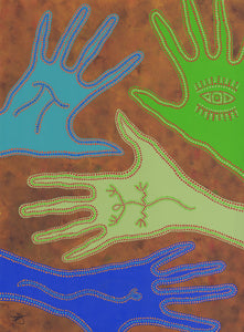 A painting of handprints outlined with tiny dots in the style of traditional aboriginal art