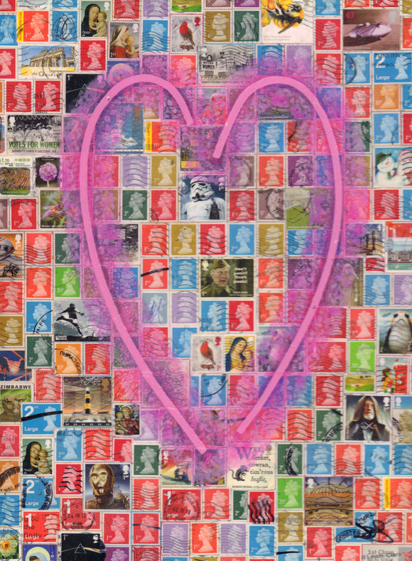 A thin pink heart shaped line with sprayed surround over a collage of postage stamps 