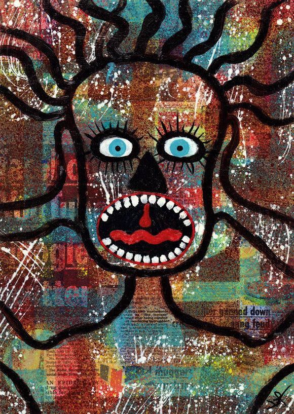 An outline of a screaming face painted over a collage and spatter painting background 