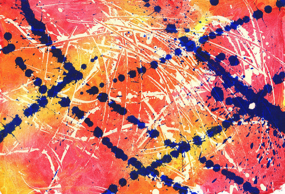 A painting with a pinkz yellow and orange background with splatters of dark blue and white 