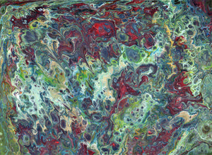 An acrylic pour artwork in green, red and cream