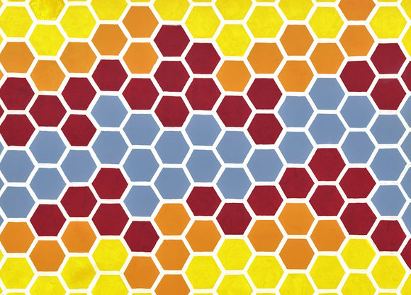 An artwork composed of hexagons arranged in a honeycomb design in red, orange, yellow and blue 