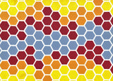 An artwork composed of hexagons arranged in a honeycomb design in red, orange, yellow and blue 