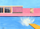 Painting of a poolside scene at a Californian villa with a big splash following somebody unknown diving into the pool