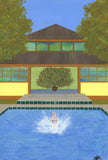 A female figure dives into a swimming pool creating a splash at a tropical villa. Painting in acrylic 