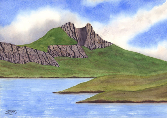 A watercolour painting of a craggy mountain towering over a lake on a summer day