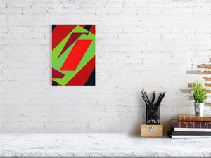 Painting with overlaid shapes in alternating reds and greens