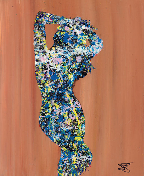 The silhouette of the figure of a woman created using spatter painting on a mock-wood background