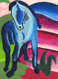 A blue horse on a surreal background of purple and blue hills 