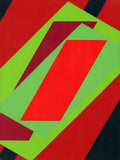 Painting with overlaid shapes in alternating reds and greens