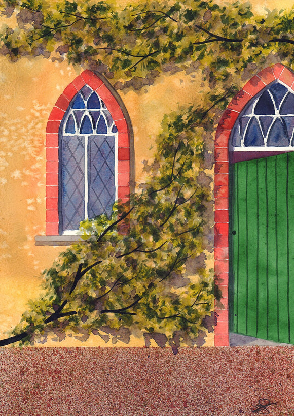A slightly ajar green door in a stone wall covered in a climbing plant painted in watercolour 