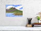 The A3 print of Lake in the Mountains hung over a desk to show scale